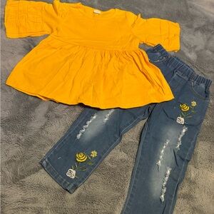 Girls Yellow Ruffle Top and Embroidered Denim Jeans Set Size 4/5